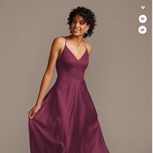 David's Bridal Spaghetti Strap Satin A-Line Bridesmaid Dress, Wine, Size 2